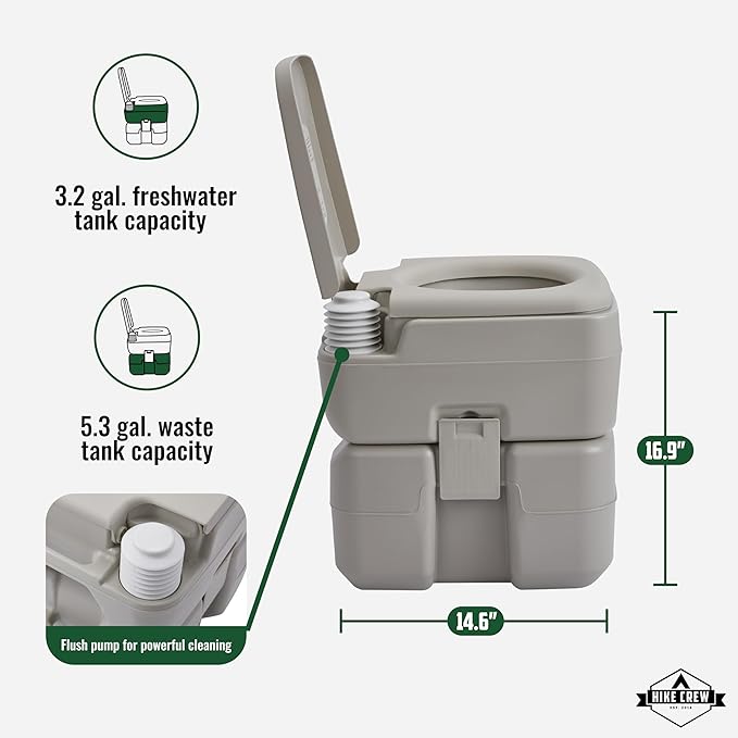 Hike Crew XL Portable Camping Sink & Toilet | Extra Large Washing Station with 8 Gal Capacity, Hands-Free Foot Pump, Faucet, Soap Dispenser & Towel Rack | Includes Travel Toilet with 5 Gal Waste Tank