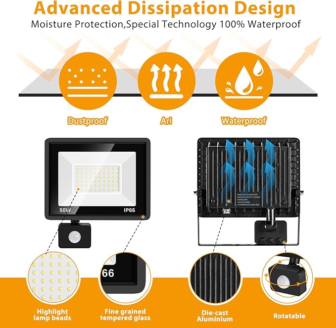 2 Pack 50W LED Motion Sensor Flood Light,LED Work Light with Plug,Super Bright IP66 Waterproof Floodlights Outdoor 5000K Daylight Dusk to Dawn 8800LM Security Light for Garage,Front Porch,barn