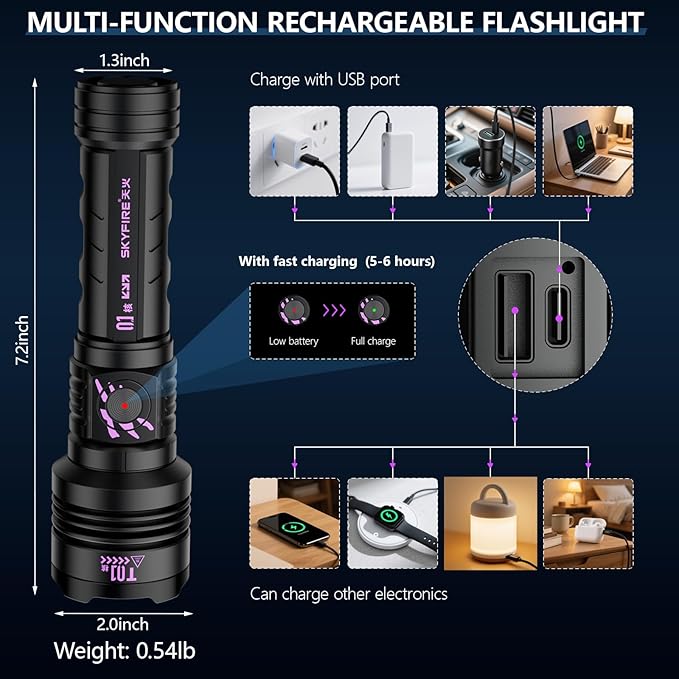 SKYFIRE Rechargeable Flashlights High Lumens: LED Super Bright Flashlight Zoomable 5 Modes Tactical Waterproof Handheld Powerful Flash Light for Camping, Emergency, Holiday Gift (with Ignition Lens)