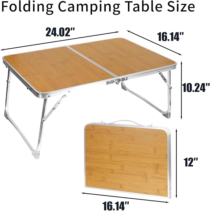 KISKIS 2 Fold Ultra Lightweight Folding Camping Tables 2Ft Portable Small Aluminum Outdoor Desk with Carry Handle, 62X42cm(24X17inch) for Picnic Travel,Bamboo Wood Grain