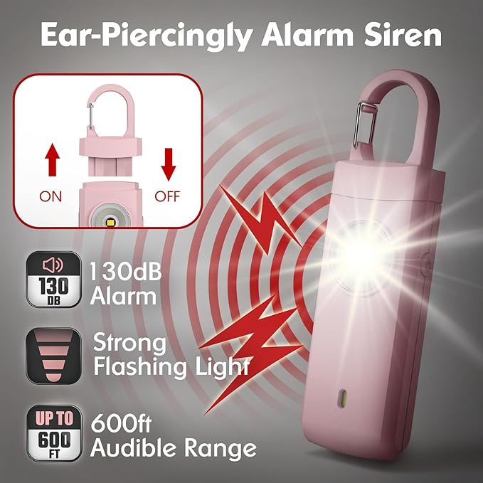 Rechargeable Personal Alarms for Women - Christmas Birthday Gifts for Women, Stocking Stuffers for Teen Girl, Daughter, Safety Keychain Flashlight, Siren Alarm, Travel College Essentials (Pink)
