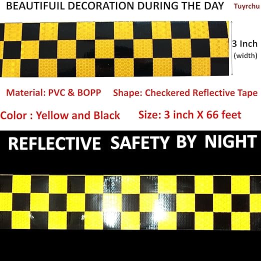 Reflective Tape Yellow Black 3 inch Wide for Automobile, Outdoor Waterproof High Visibility Safety Warning Adhesive Strips (66 feet)