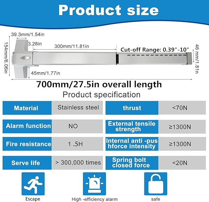 27.5" Push Bar Panic Exit Device for Commercial Doors - Hardware Lock for Wood and Metal Doors