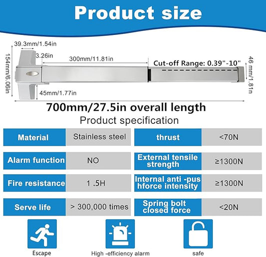 27.5" Push Bar Panic Exit Device for Commercial Doors - Hardware Lock for Wood and Metal Doors