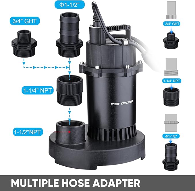 Sump Pump, 1HP 4000GPH Submersible Water Pump with Float Switch, Portable Electric Cast Aluminum Sump/Sewage Pump with 10FT Cord for Basement Draining