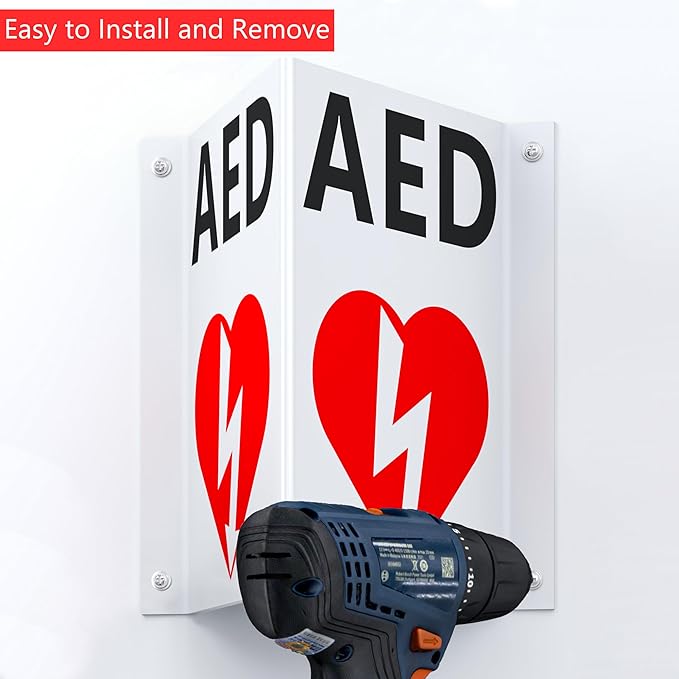 AED Projecting Acrylic Emergency Sign: 9" x 7.7" Size Inches AED Sign - Sturdy AED Projecting Signage for Wall Mounting in Public Spaces.
