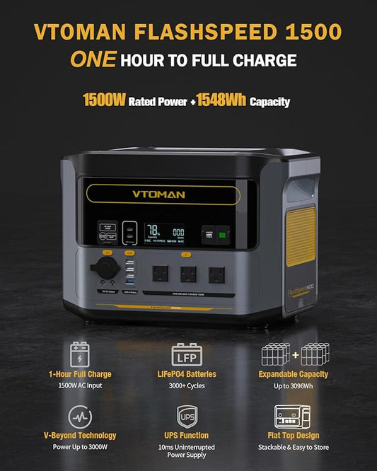 VTOMAN FlashSpeed 1500 Portable Power Station - 1 Hour Fast Charge, 1548Wh LiFePO4 Battery, 1500W AC Output (3000W Surge) for Home Backup, Off-grid, Camping, Emergencies