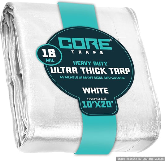 Core Tarps Extra Heavy Duty 16 Mil Tarp Cover, Waterproof, UV Resistant, Rip and Tear Proof, Poly Tarpaulin with Reinforced Edges for Roof, Camping, Patio, Pool, Boat (White 10′ X 20′)