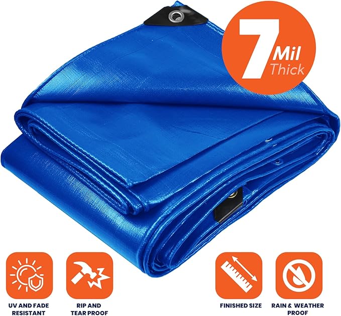 Tarpco Safety Heavy Duty 7 Mil Tarp Cover, Waterproof, UV Resistant, Rip and Tear Proof, Poly Tarpaulin with Reinforced Edges for Roof, Camping, Patio, Pool Cover, Boat (Blue 24′ X 30′)