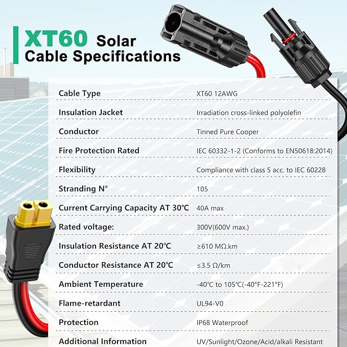 12AWG XT60 Solar Cable 3FT, Solar to XT60 Cable 10 15 20 30 40 50FT, XT60 Adapter for Portable Power Station Solar Generator - 3FT