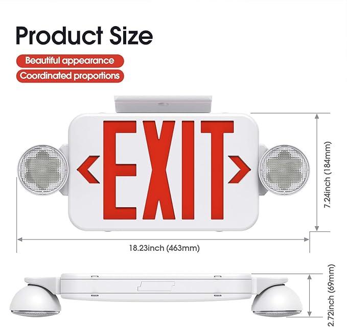 Red Led Exit Sign Emergency Light Combo Adjustable Two Head, Double Sided and Battery Backup Exit Light, Contractor Select, AC 120/277V (6 Pack)