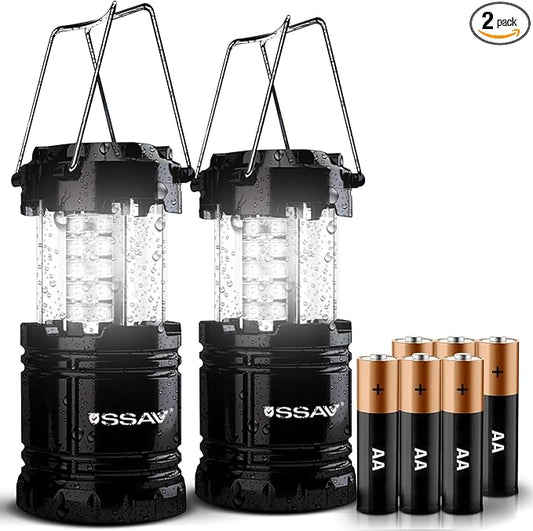 2 Pack LED Camping Lantern, LED Lanterns, Suitable Survival Kits for Hurricane, Emergency Light for Storm, Outages, Outdoor Portable Lanterns, Black, Collapsible | Batteries Included