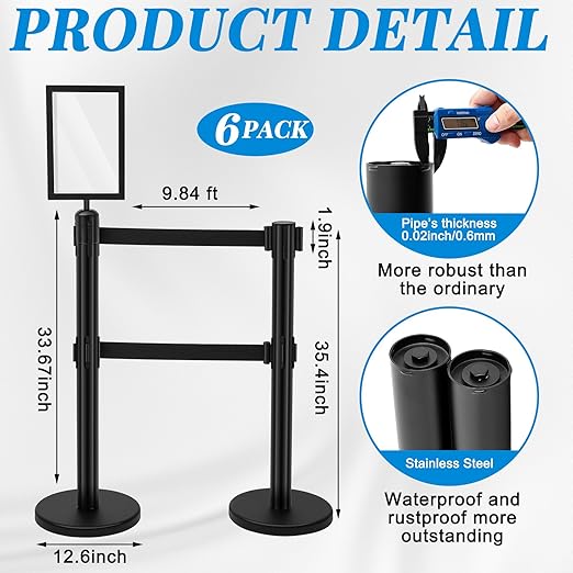 Therwen 6 Pcs Double Retractable Belt Barrier with Stanchion Dual Retractable Safety Belt Heavy Duty Crowd Control Stanchions Stainless Steel Post Holder Safety Barrier Stand (9.8 ft,Black)