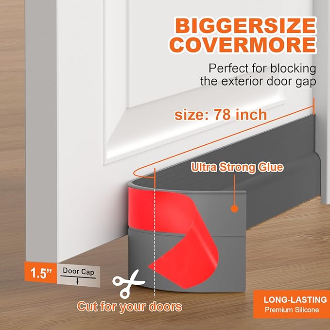 Door Draft Stopper, Door Sweep for Bottom of Door, Weather Stripping Door Seal, Under Door Gap Filler, Under Door Draft Blocker Soundproof/Insulator, Door stoppers (Grey, 78‘’)