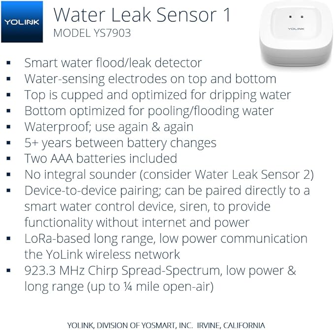 YoLink SpeakerHub & Three Water Leak Sensors Starter Kit – Plays Tones/Sounds, Spoken Messages, LoRa-Powered ¼ Mile Range, App Alert, Emails, SMS/Text, IFTTT