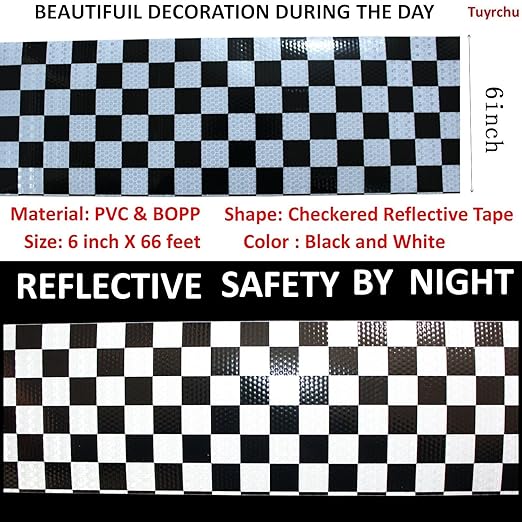 Black White Reflective Tape 6 inch X 66 feet, Outdoor Waterproof Hazard Conspicuity Warning Industrial Marking Tape