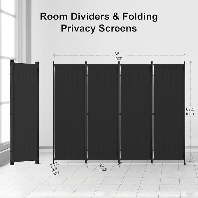 Room Divider 4 Panel Partition Room Dividers & Folding Privacy Screens w/ 3 Metal Feet 6FT Portable Wall Doubles as a Dressing Screen Portable Wall for Office Kitchen Children's Room,Black