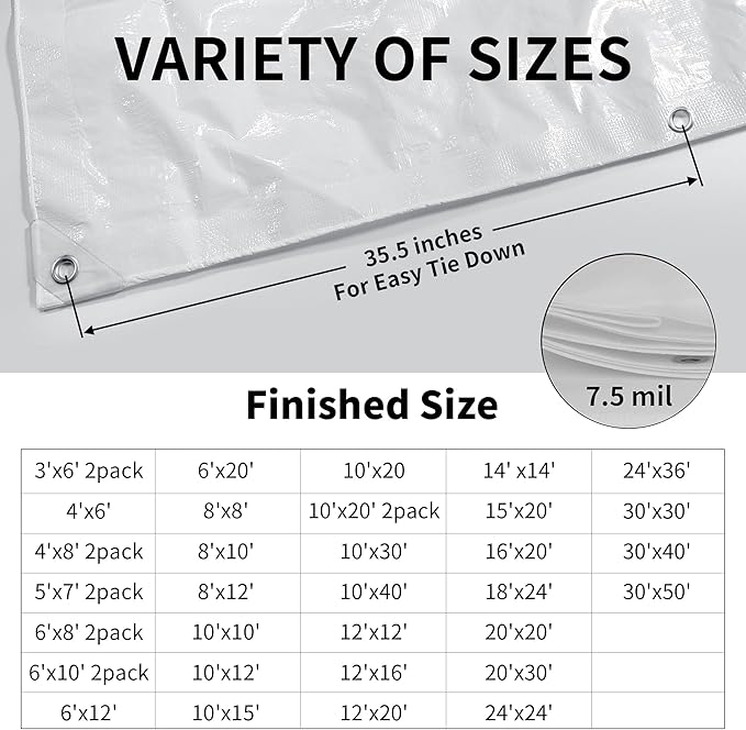 TARPAL 30'x40' White Tarp Waterproof 7.5 mil Medium Duty All Purpose Poly Tarps Cover Waterproof,Snow Proof UV Protection,Rip and Tear Proof,Poly Tarpaulin