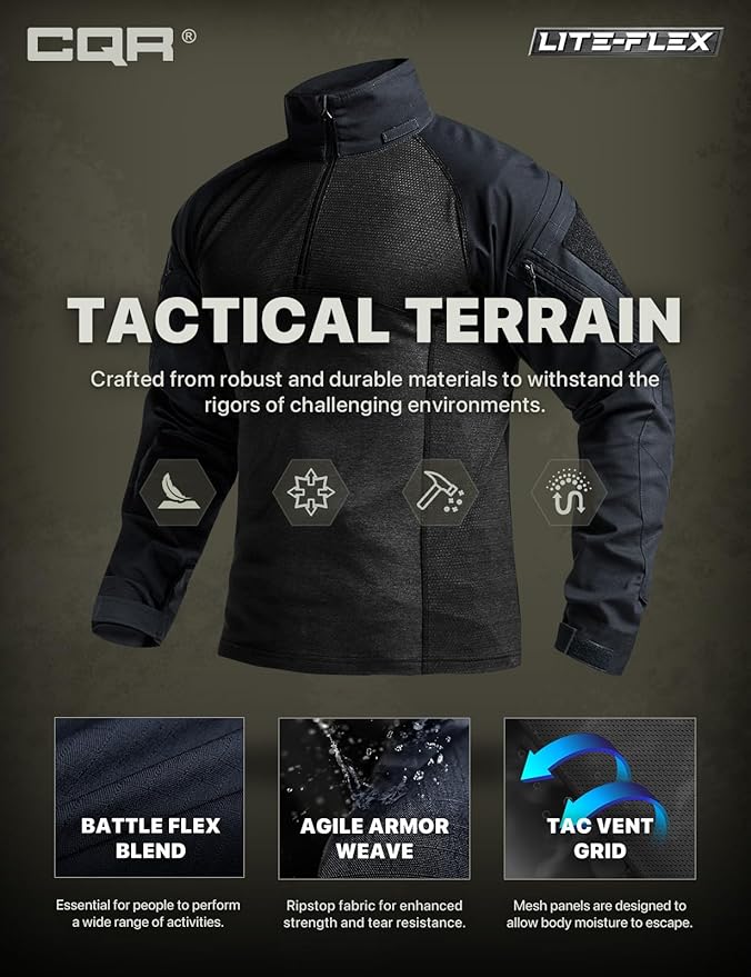 CQR Men's Combat Shirt Tactical 1/4 Zip Long Sleeve Military BDU Shirts Camo EDC Top with Pockets