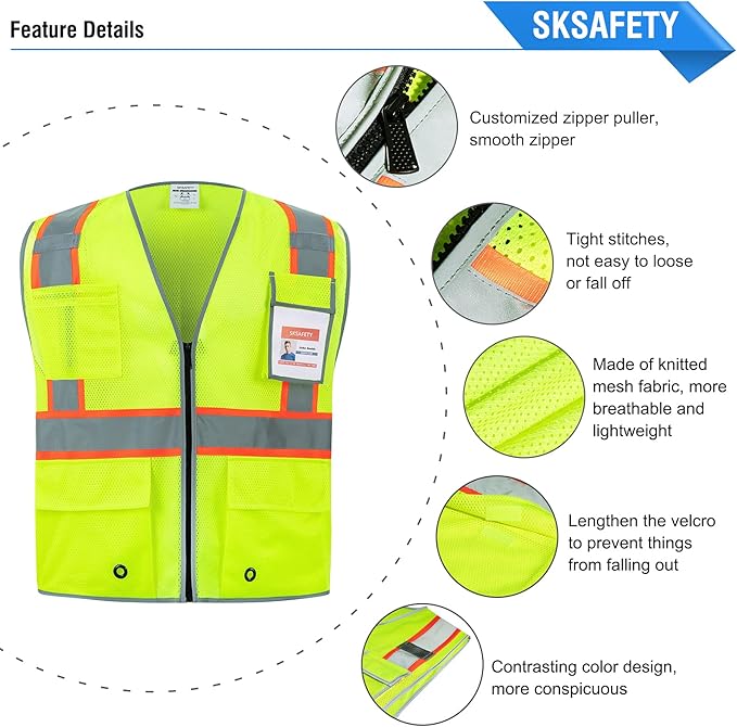 SKSAFETY 10 Pockets Safety Vest, Class 2 High Visibility Security with Zipper Double-sided mesh, Hi Vis Vest with Reflective Strips, ANSI/ISEA Standard, Construction Work Vest （Lime, 5XL）