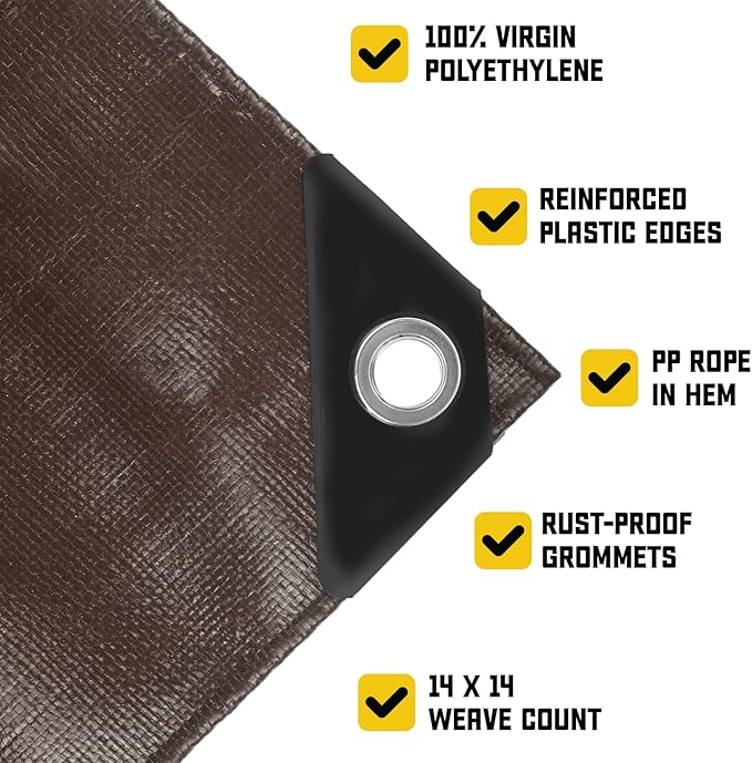 Core Tarps Heavy Duty 10 Mil Tarp Cover, Waterproof, UV Resistant, Rip and Tear Proof, Poly Tarpaulin with Reinforced Edges for Roof, Camping, Patio, Pool, Boat (Brown/Black 12′ X 25′)