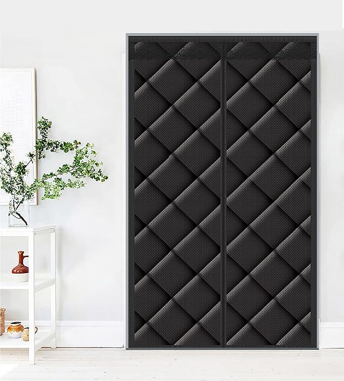 Magnetic Thermal Insulated Blackout Door Curtain Storm Wind Fleece Insulation Curtian Magnetic Screen Door with Thermal and Insulated Waterproof Noise Reduce 74"x93" Inch Black