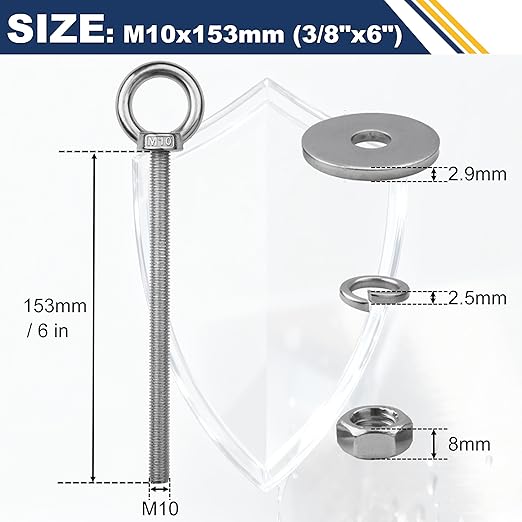 12 Pack M10 Stainless Steel Eye Bolts with Nuts, 3/8" x 6" Long Lifting Ring Eye Bolt， Eye Bolts Heavy Duty for Hang Tie Down Outdoor (12, M10x153mm (3/8"x6"))