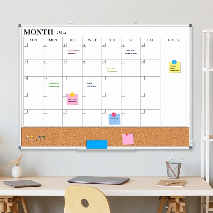 Large Monthly Dry Erase Calendar Whiteboard for Wall, 48" x 36" Double-Sided Big Calendar White Board Cork Board Combo, Aluminum Framed Month Planning Bulletin Board for Office, School, Home