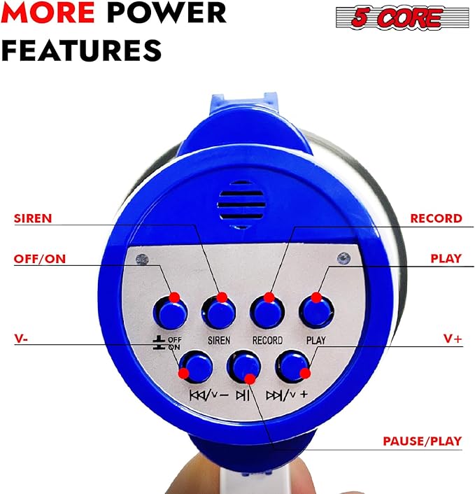 5 CORE Megaphone 30W Bull Horn PA Speaker w 800 Yards Range Loud Siren Voice Amplifier Lightweight Portable Megafono for Outdoor Sports Cheerleading and Coaches (8R-USB-WB)