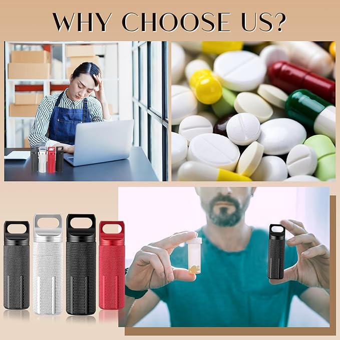 Patelai 4 Pcs Portable Keychain Pill Holder Pill Organizer Travel Waterproof Match Container Aluminum Airtight Keychain Container Travel Size Storage Supplements Holder for Outdoor Camping(Elegant)