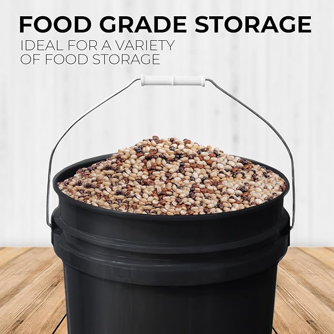 5-Gallon Black Bucket Pail with Gamma Seal Screw on Airtight Lid, Metal Handles with Plastic Grip for Easy Carrying, Easy Stack and Store, Heavy-Duty 90MIL Extra Durable, Food Grade, BPA Free - 3 Pack