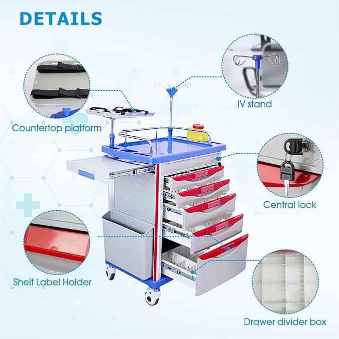 Crash Cart with Accessories - Mobile Emergency Treatment Trolley with IV Pole, Cardiac Board, O₂ Tank Holder, Trash Bin & Drawers for Clinic Nursing Center