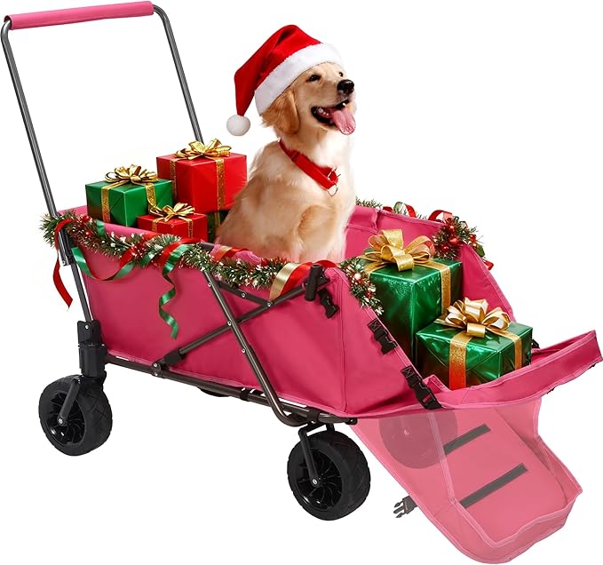 REDCAMP Folding Dog Wagon Cart with Extendable Rear End Heavy Duty, 220L Large Collapsible Utility Cart Dog Stroller with Tailgate for Sports Shopping Pet, Pink