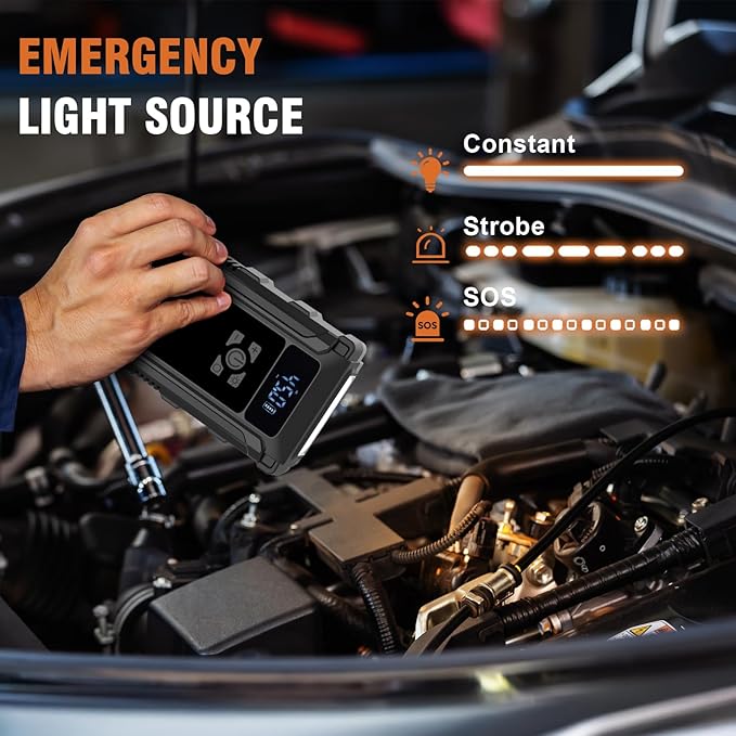 Jump Starter with Air Compressor, 3000A Car Battery Jump Box for 8.5 Gas/6.5L Diesel Vehicles, 150PSI Tire Inflator Auto-Shutoff, 10 Safety Modes, 3-Mode Emergency Light