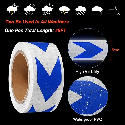PATIKIL Reflective Tape, 2 Inch x 49 ft Waterproof Self Adhesive High Visibility Safety Warning Arrow Tape Outdoor Reflectors for Trucks Trailers Cars, White Blue