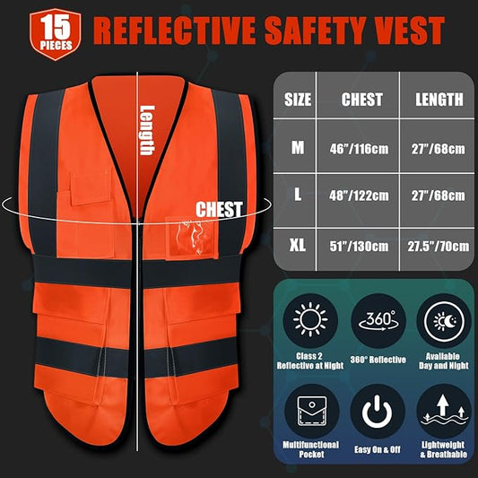 JaGely 15 Pack Reflective Safety Vests with Pockets and Zipper Construction Work High Visibility Vest for Men Women(Medium,Orange Red)
