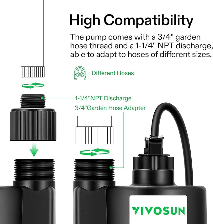 VIVOSUN Submersible Water Pump, 1/3HP 1980GPH Utility Pump, Thermoplastic Sump Pump with 10ft Cable, Compact and Portable, Ideal for Ponds, Basements, Swimming Pools, Hot Tubs Draining