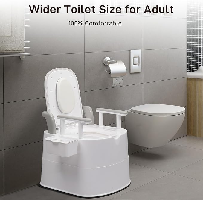 VINGLI Larger Portable Toilet for Adults Camping, Commode Back & Handrail Design, Indoor Outdoor Commode with Inner Bucket for for Adult, RV, Boat, Van, Travel, Emergency Use