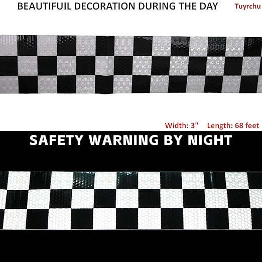 Black White Reflective Tape 3 Inch x 68 Feet, Outdoor Waterproof Conspicuity Strong Adhesive Reflector for Vehicles