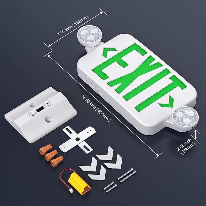 Led Exit Sign Emergency Light Combo Adjustable Two Head,Double Sided and Battery Backup Exit Light,Green Letter Hardwired Emergency Exit Sign,AC 120/277V,UL Listed,Ceiling&Wall Mount (1 Pack)