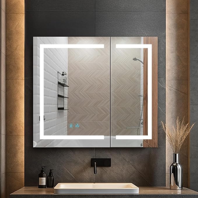 Blossom LED Medicine Cabinet Mirror for Bathroom 30x26, Lighted Medicine Cabinet with Mirror, Recessed/Surface Mount, Anti-Fog, Dimmable, 3 Color Light Makeup, Wall Mounted Storage Cabinet