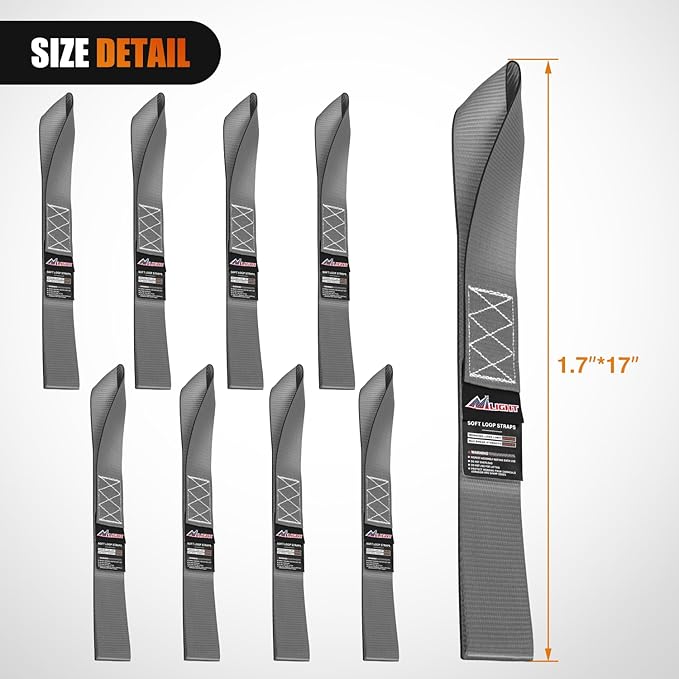Nilight Soft Loop 1.7”×17" Motorcycle Tie Down Straps Heavy Duty 12000Lbs Max Break Strength for Securing ATV UTV Kayak Moving Cargo (8PK-Grey)