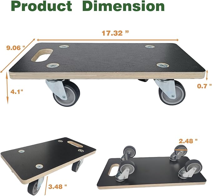 Furniture Mover Dolly Portable Wood Rolling Mover for Moving Furniture Sofa Cabinet Refrigerator, 360° Rotatable Soft TPR Rubber Universal Wheels, 440Lbs Capacity, Black (2 Packs)