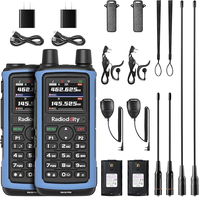 Radioddity GM-30 PRO GMRS Radio, Long Range Handheld Radio with UHF/VHF/NOAA/FM/Airband Reception, APP Wireless Programming 1.77" TFT Display, Frequency Copy, 1,000 Channels, 2 Pack & 2 Speaker Mic