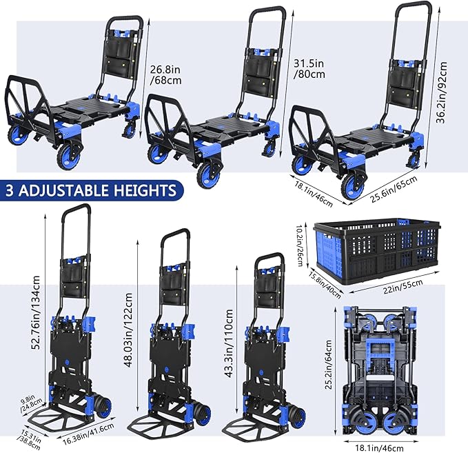Folding Hand Truck, 2 in 1 Portable Heavy Duty Carrying Moving Dolly Cart with 4 Foldable Wheels and Retractable Handle Duty 330lbs (Blue with Folding Basket)