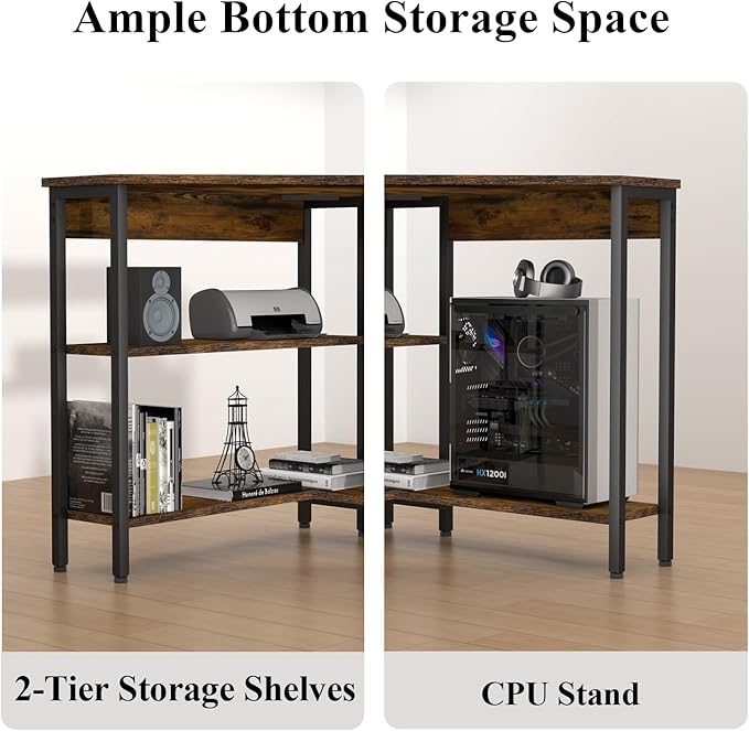 Auromie Corner Desk with Outlets & USB Ports, 90 Degree Triangle Corner Table with CPU Stand & Storage Shelves for Small Space, Computer Table with Charging Station for Home Office Bedroom (Rustic)