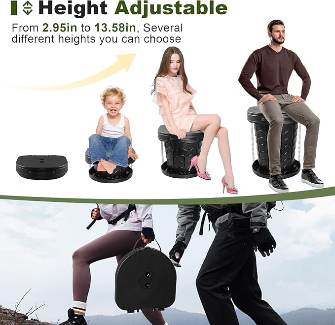 Collapsible Portable Toilet with Odor-Lock Lid - 1-Minute Setup Adjustable Height (2.95in-13.58in) 400lbs Capacity, Backpack-Friendly 3-in-1 Camp Potty for Camping, Hiking, Car, RV & Emergency Use