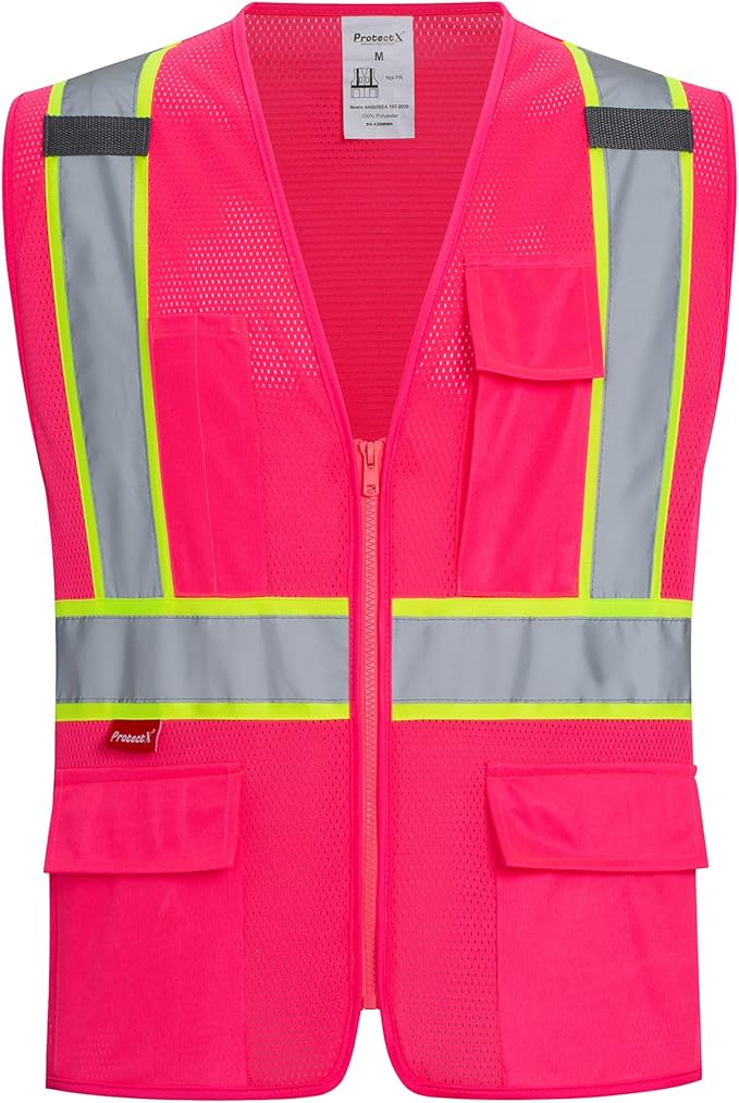 ProtectX Safety Vest for Men Women ANSI Class 2 High Visibility Mesh Reflective Construction Vest with 4 Pockets