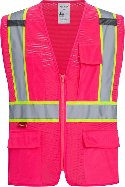 ProtectX Safety Vest for Men Women ANSI Class 2 High Visibility Mesh Reflective Construction Vest with 4 Pockets