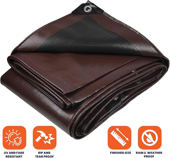 Tarpco Safety Extra Heavy Duty 14 Mil Tarp Cover, Waterproof, UV Resistant, Rip and Tear Proof, Poly Tarpaulin with Reinforced Edges for Roof, Camping, Patio, Pool, Boat (Brown/Black 50′ X 70′)
